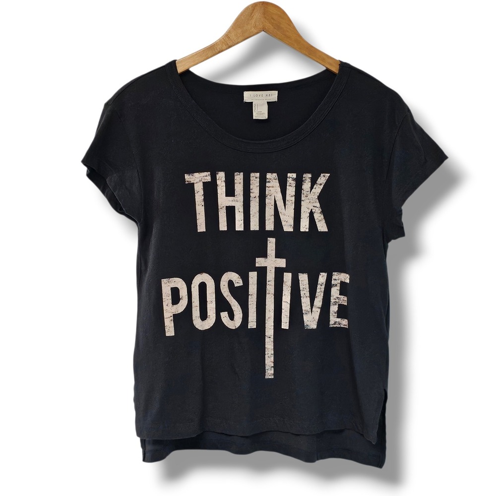 I Love H81 T-Shirt S Womens Charcoal Gray Think Positive Graphic Tee Faith Cross